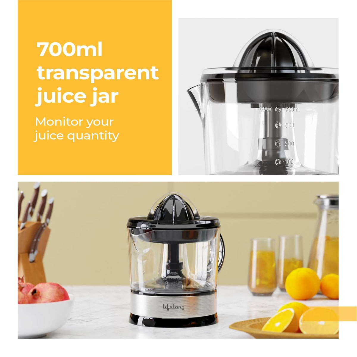 Lifelong Electric Citrus Juicer | Dual Cones & 700 ML Capacity | Electric Juicer Machine for All Fruits | Powerful 40W Motor for Low Noise | Fast Juicing at Home | Compact & Stylish for Daily Use