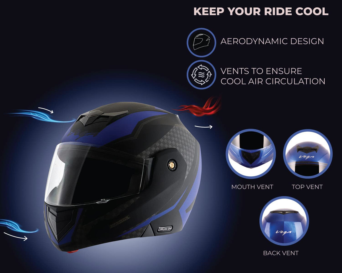 Vega Crux ISI Certified Flip-Up Helmet for Men and Women with Clear Visor(Black, Size:L)