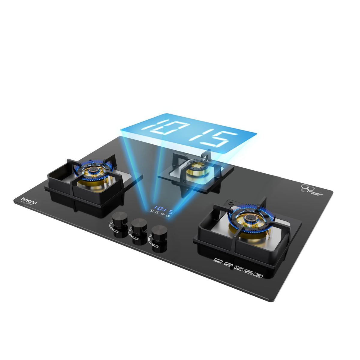 Beyond Appliances Altair 4 Burner Smart Glass Hobtop Gas Stove | Auto Ignition | Digital Timer | Flame Failure Device | Jumbo Burner | Toughened Glass | LPG & PNG Compatible