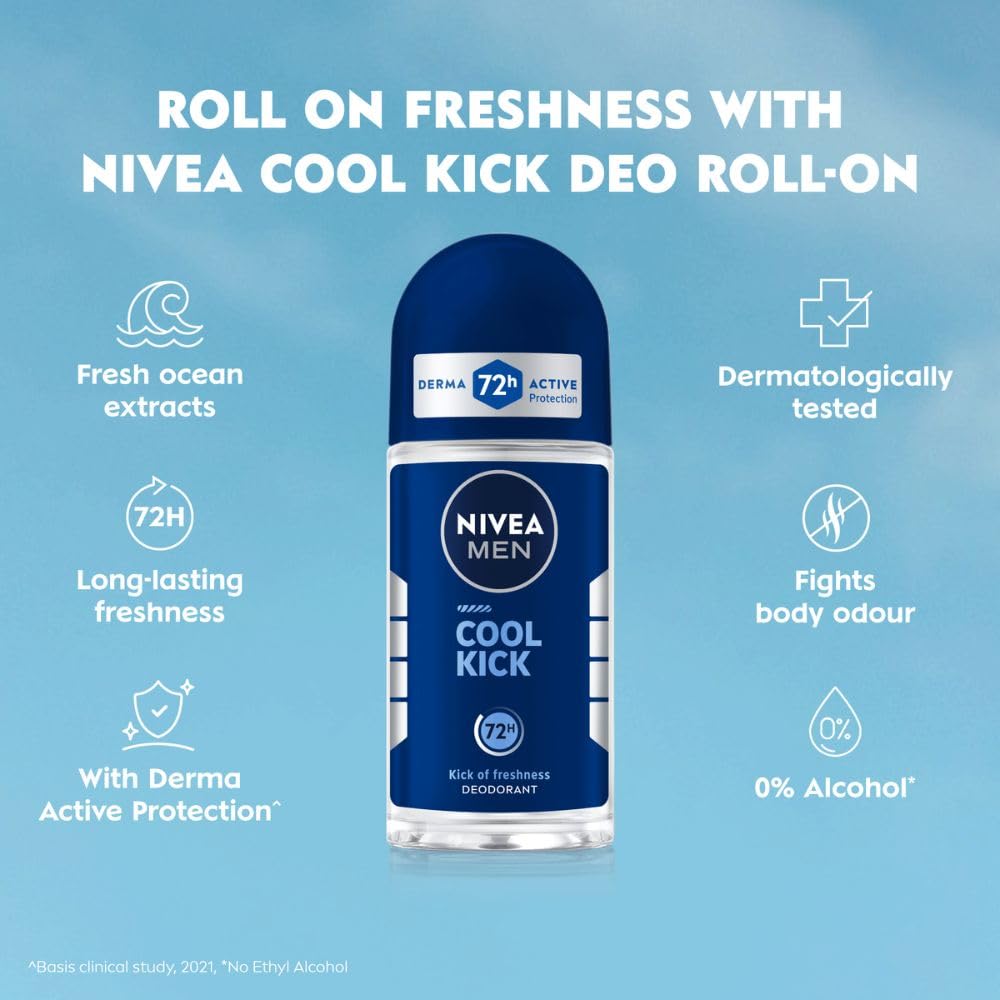 NIVEA MEN Deep Impact Freshness Underarm Roll On Deodorant for Men with Black Carbon | Long Lasting Antiperspirant Roll On for Body Odour Control | Alcohol Free Underarm Deodorant Roll On 50ml