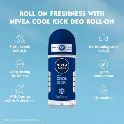 NIVEA MEN Deep Impact Freshness Underarm Roll On Deodorant for Men with Black Carbon | Long Lasting Antiperspirant Roll On for Body Odour Control | Alcohol Free Underarm Deodorant Roll On 50ml