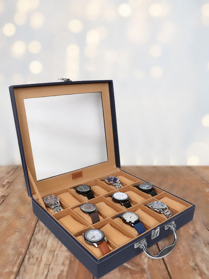 LEDO Men's and Women's Watch Box Holder Organizer Case In 12 Slots of watches In PU Leather with Black & Gray