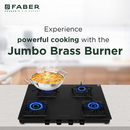 Faber Blossom Black Matt Glass Finish Cooktop| 4 Brass Burners-1Jumbo, 2Medium & 1Small |Manual Ignition | Heavy Pan Support With ABS Knobs | 5Yr Warranty on Glass & Burners by Faber| Blossom4BB BK CI