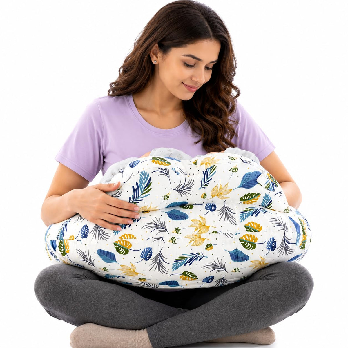 Proliva Feeding Pillow for New Born Baby with Detachable Cover Breast Feeding & Maternity Nursing Pillow for Breastfeeding Support for Baby Feeding Pillow for Mom (Off White-Camel-B2)