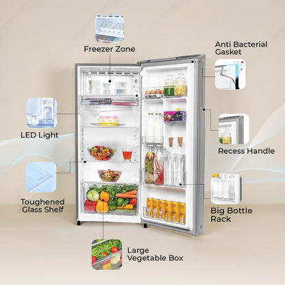 Haier 190 L 5 Star Direct Cool Inverter Single Door Refrigerator with Fast Ice Making, Easy Clean Back, Large Vegetable Box (HED-205DSA-P, Dazzle Steel, 2026 Model)