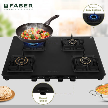 Faber Blossom Black Matt Glass Finish Cooktop| 4 Brass Burners-1Jumbo, 2Medium & 1Small |Manual Ignition | Heavy Pan Support With ABS Knobs | 5Yr Warranty on Glass & Burners by Faber| Blossom4BB BK CI