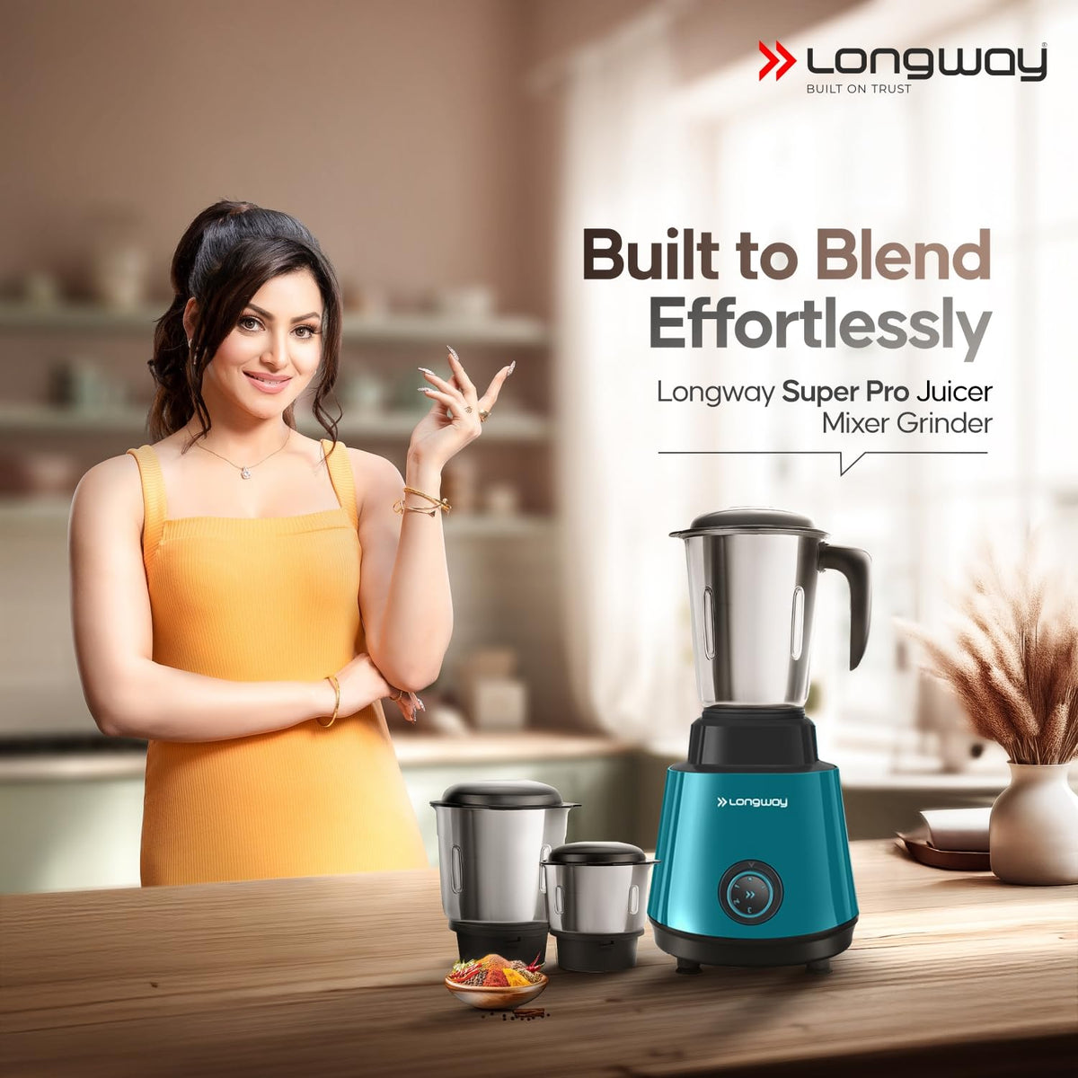 Longway Super Pro Juicer Mixer Grinder | Up to 750W Max Output Powerful Motor | 4 Jars for Grinding, Mixing, Juicing | 2 Years Warranty (Blue & Black)