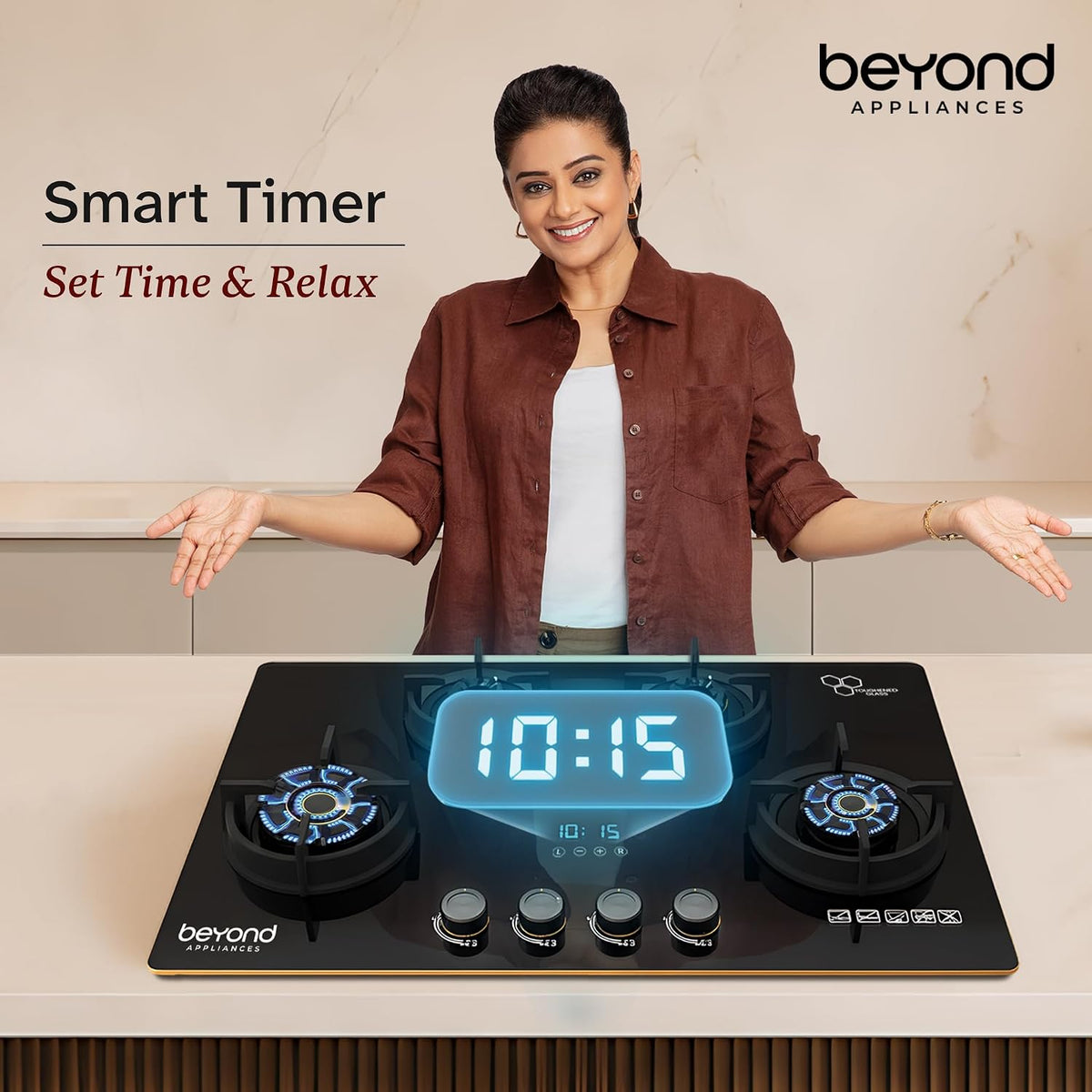 Beyond Appliances Altair 4 Burner Smart Glass Hobtop Gas Stove | Auto Ignition | Digital Timer | Flame Failure Device | Jumbo Burner | Toughened Glass | LPG & PNG Compatible