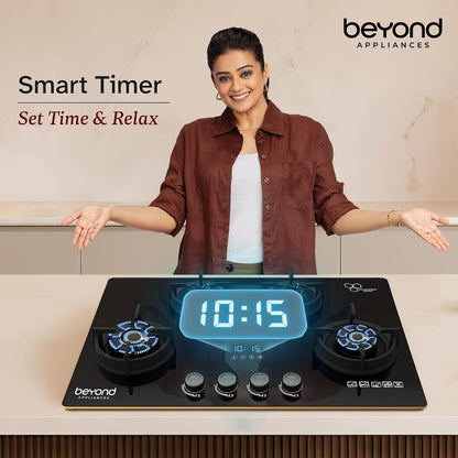 Beyond Appliances Altair 4 Burner Smart Glass Hobtop Gas Stove | Auto Ignition | Digital Timer | Flame Failure Device | Jumbo Burner | Toughened Glass | LPG & PNG Compatible