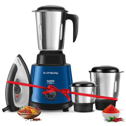 Longway Super Pro Juicer Mixer Grinder | Up to 750W Max Output Powerful Motor | 4 Jars for Grinding, Mixing, Juicing | 2 Years Warranty (Blue & Black)