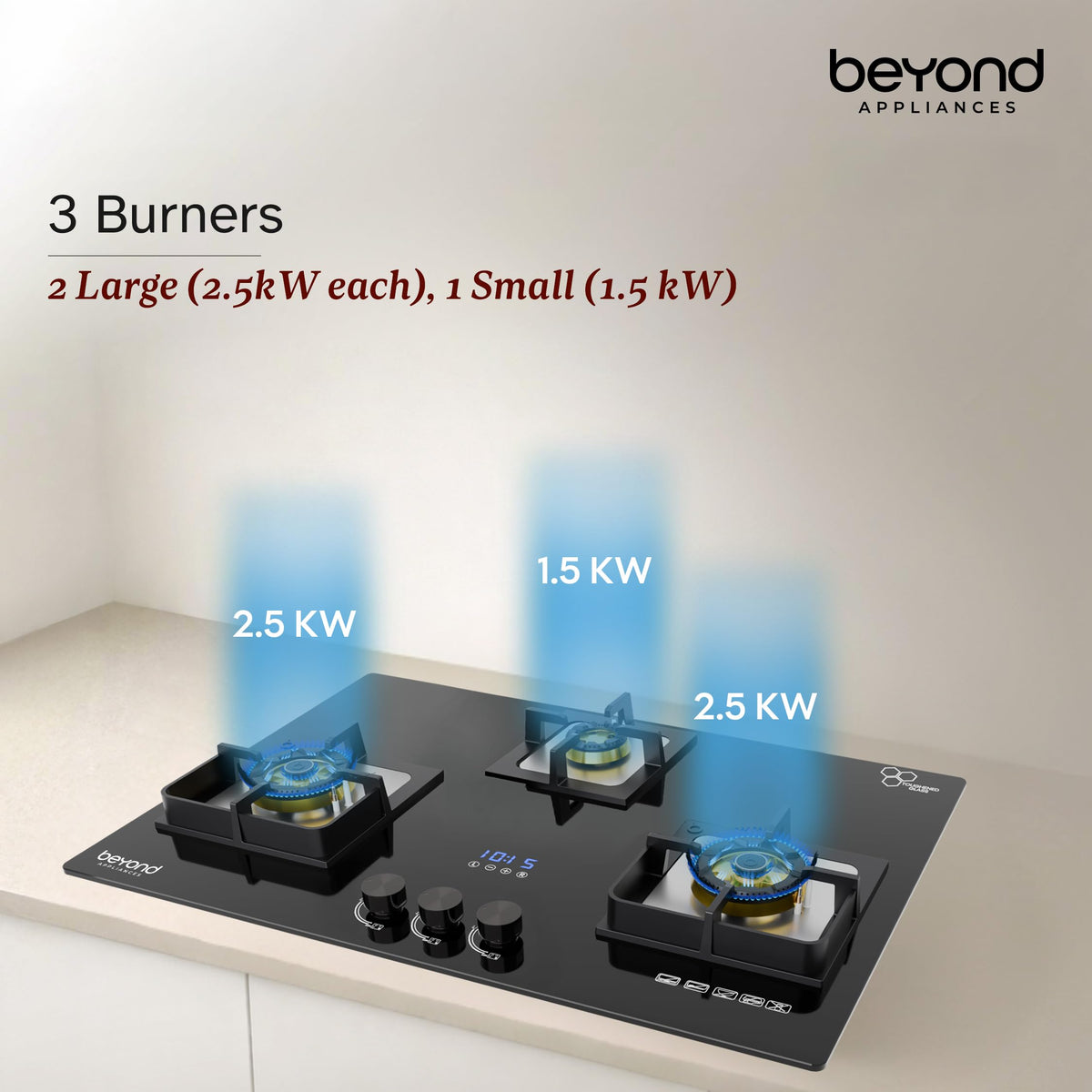 Beyond Appliances Altair 4 Burner Smart Glass Hobtop Gas Stove | Auto Ignition | Digital Timer | Flame Failure Device | Jumbo Burner | Toughened Glass | LPG & PNG Compatible
