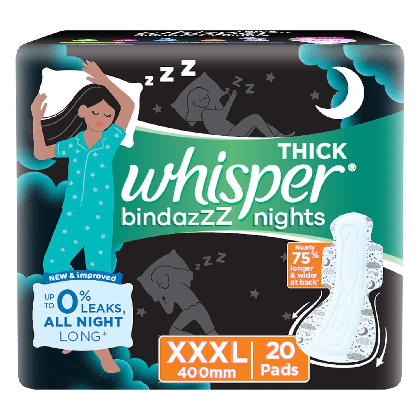 Whisper bindazzz Nights Pads For Women, XXX-Large Pack of 20 pads Scent: unscented