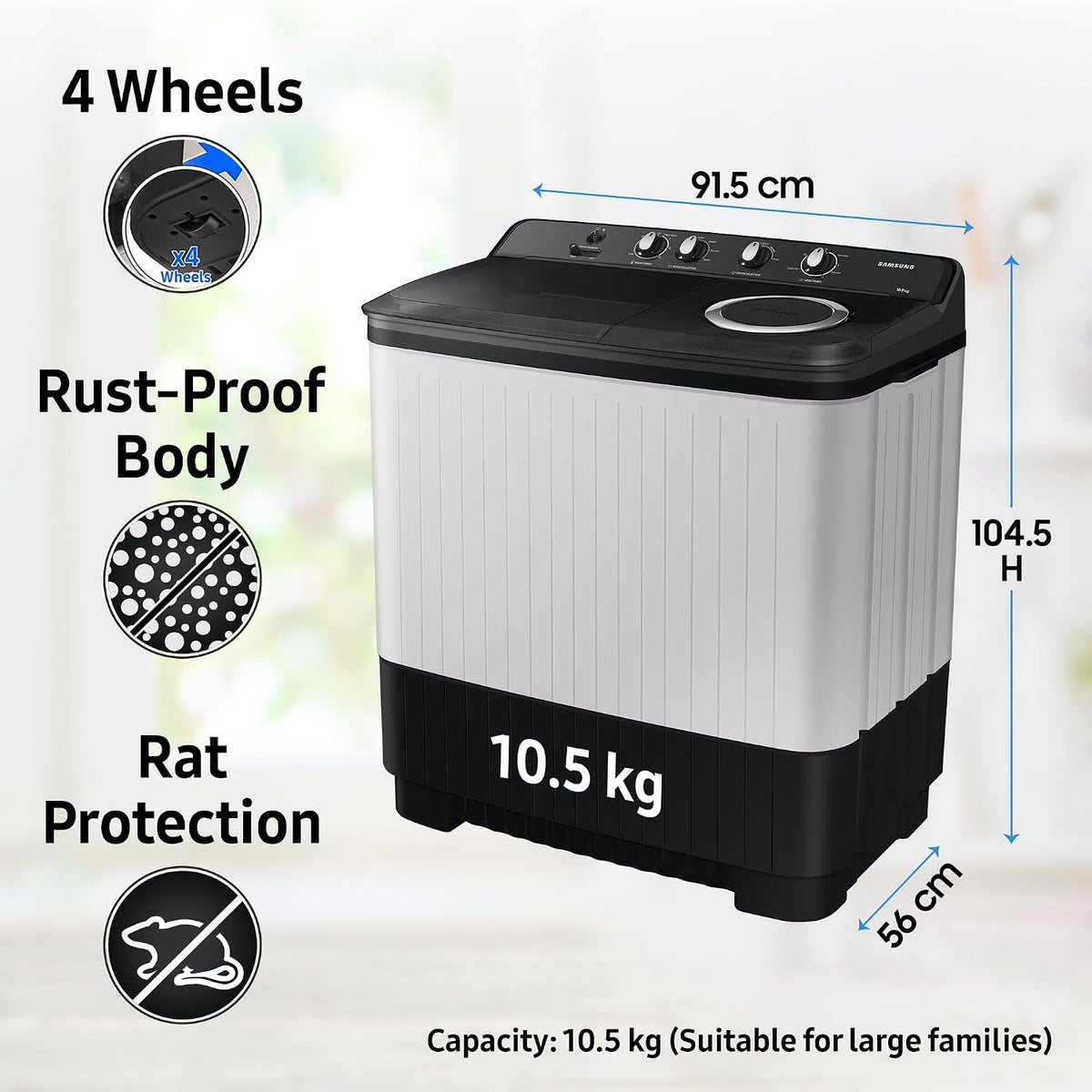 Samsung 10.5 kg, 5 star, Semi-Automatic Top Load Washing Machine (WT10C4260GG/TL, Air Turbo Drying, Light Gray,)