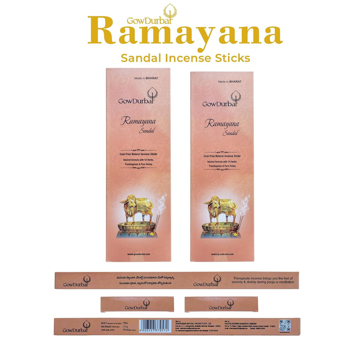 GOW DURBAR Coal-Free Natural Incense Sticks Agarbatti Combo Pack of 4 (Ramayana,Bharatha,Kasturi,Bhagavatha Mallika)