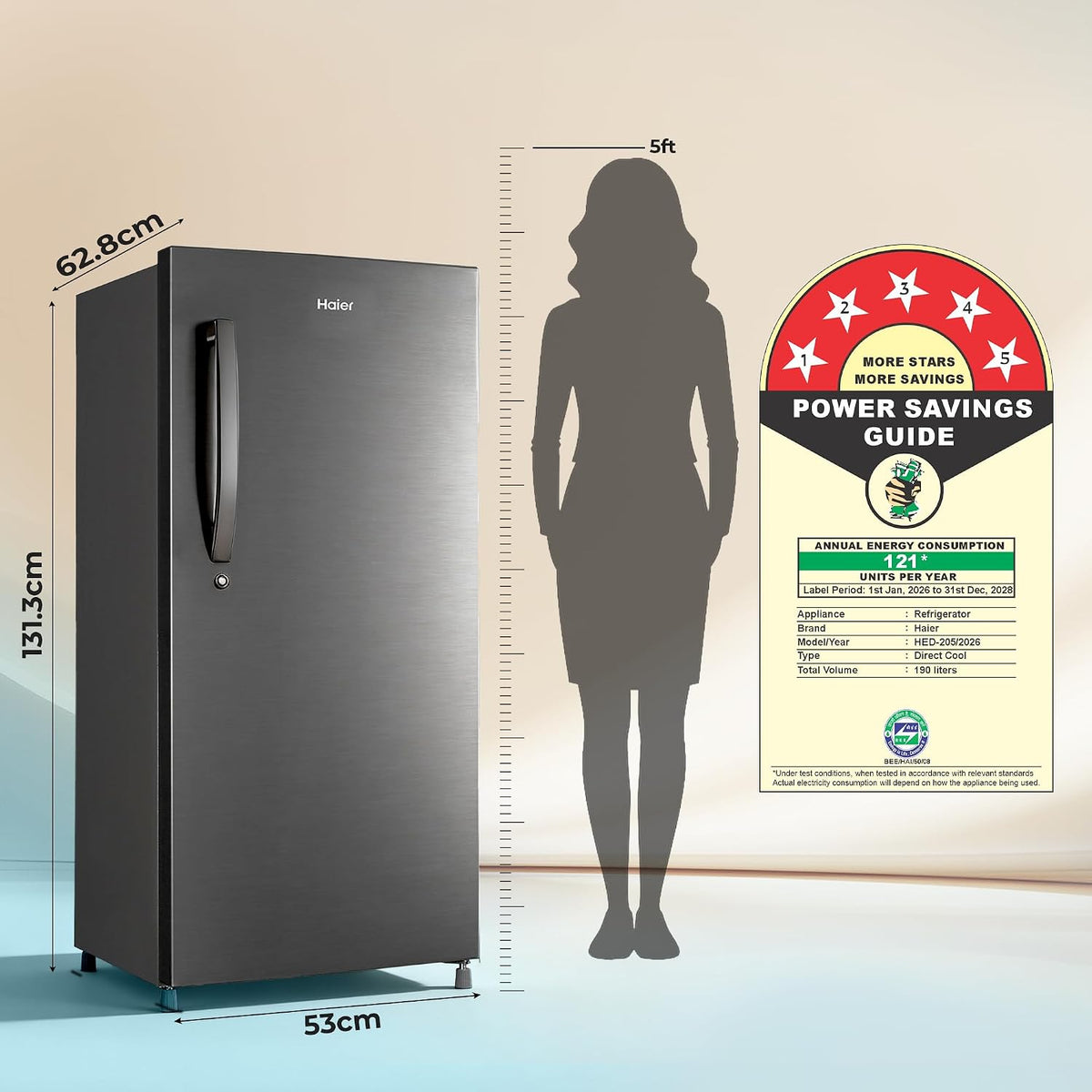 Haier 190 L 5 Star Direct Cool Inverter Single Door Refrigerator with Fast Ice Making, Easy Clean Back, Large Vegetable Box (HED-205DSA-P, Dazzle Steel, 2026 Model)