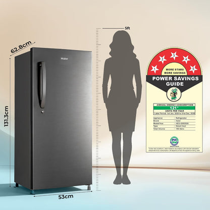 Haier 190 L 5 Star Direct Cool Inverter Single Door Refrigerator with Fast Ice Making, Easy Clean Back, Large Vegetable Box (HED-205DSA-P, Dazzle Steel, 2026 Model)