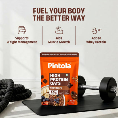 Pintola 26g High Protein Dark Chocolate Oats 1kg, No Refined Sugar, with Almonds, Raisins, Pumpkin & Chia Seeds, 9.6g Fibre, Rolled Oats for Weight management, Breakfast Cereals