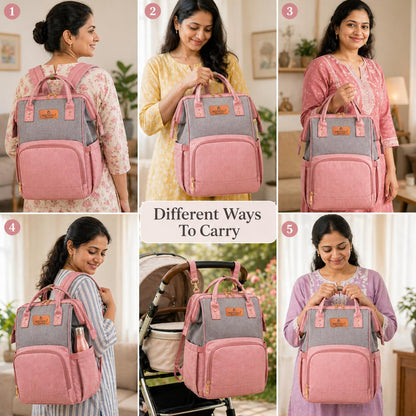 Motherly Patented Diaper Bag For Mothers For Travel, Crown Series, Pink | Backpack for Mothers | Waterproof Baby Travel & Maternity Bag | Multiple Compartments, Insulated Bottle Pockets, Warranty