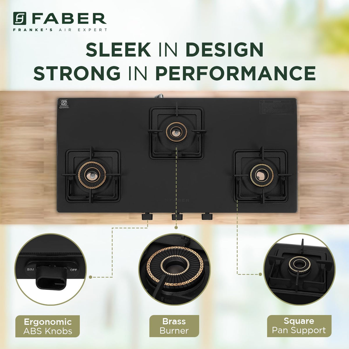 Faber Blossom Black Matt Glass Finish Cooktop| 4 Brass Burners-1Jumbo, 2Medium & 1Small |Manual Ignition | Heavy Pan Support With ABS Knobs | 5Yr Warranty on Glass & Burners by Faber| Blossom4BB BK CI