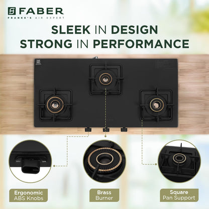 Faber Blossom Black Matt Glass Finish Cooktop| 4 Brass Burners-1Jumbo, 2Medium & 1Small |Manual Ignition | Heavy Pan Support With ABS Knobs | 5Yr Warranty on Glass & Burners by Faber| Blossom4BB BK CI