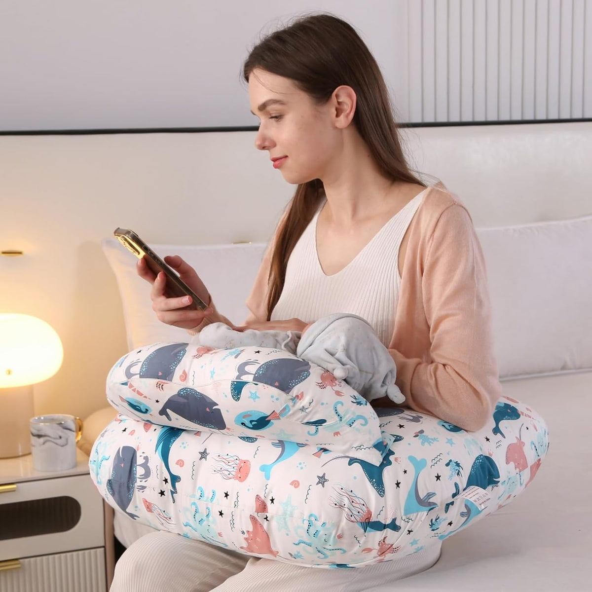 Proliva Feeding Pillow for New Born Baby with Detachable Cover Breast Feeding & Maternity Nursing Pillow for Breastfeeding Support for Baby Feeding Pillow for Mom (Off White-Camel-B2)