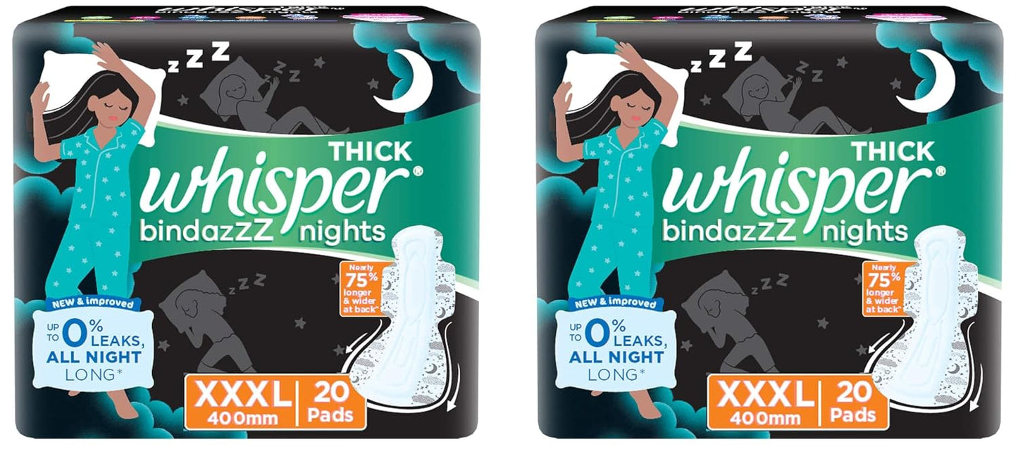 Whisper bindazzz Nights Pads For Women, XXX-Large Pack of 20 pads Scent: unscented