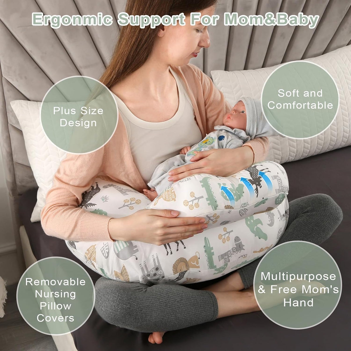 Proliva Feeding Pillow for New Born Baby with Detachable Cover Breast Feeding & Maternity Nursing Pillow for Breastfeeding Support for Baby Feeding Pillow for Mom (Off White-Camel-B2)