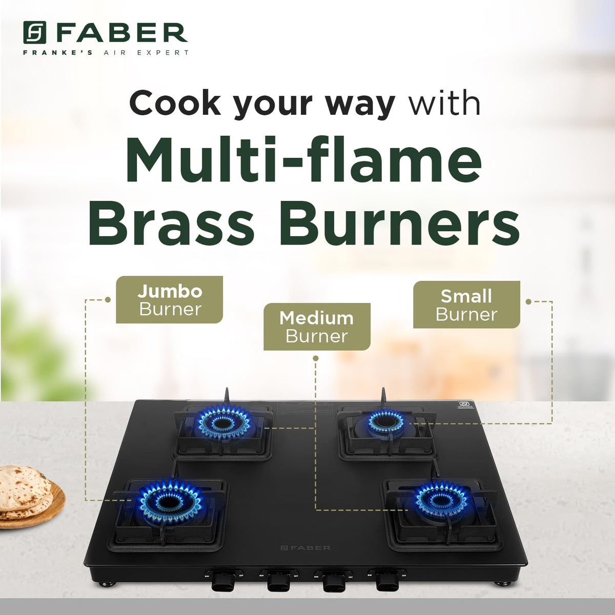 Faber Blossom Black Matt Glass Finish Cooktop| 4 Brass Burners-1Jumbo, 2Medium & 1Small |Manual Ignition | Heavy Pan Support With ABS Knobs | 5Yr Warranty on Glass & Burners by Faber| Blossom4BB BK CI