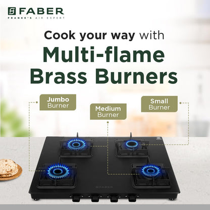 Faber Blossom Black Matt Glass Finish Cooktop| 4 Brass Burners-1Jumbo, 2Medium & 1Small |Manual Ignition | Heavy Pan Support With ABS Knobs | 5Yr Warranty on Glass & Burners by Faber| Blossom4BB BK CI