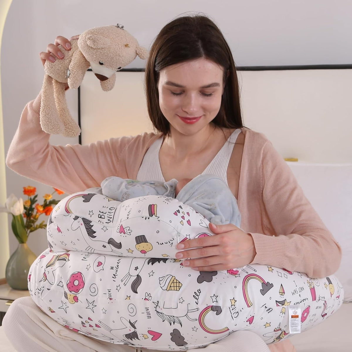 Proliva Feeding Pillow for New Born Baby with Detachable Cover Breast Feeding & Maternity Nursing Pillow for Breastfeeding Support for Baby Feeding Pillow for Mom (Off White-Camel-B2)