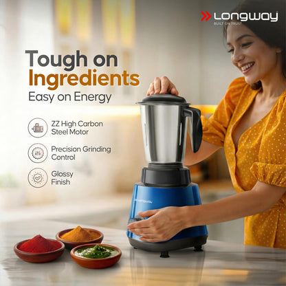 Longway Super Pro Juicer Mixer Grinder | Up to 750W Max Output Powerful Motor | 4 Jars for Grinding, Mixing, Juicing | 2 Years Warranty (Blue & Black)