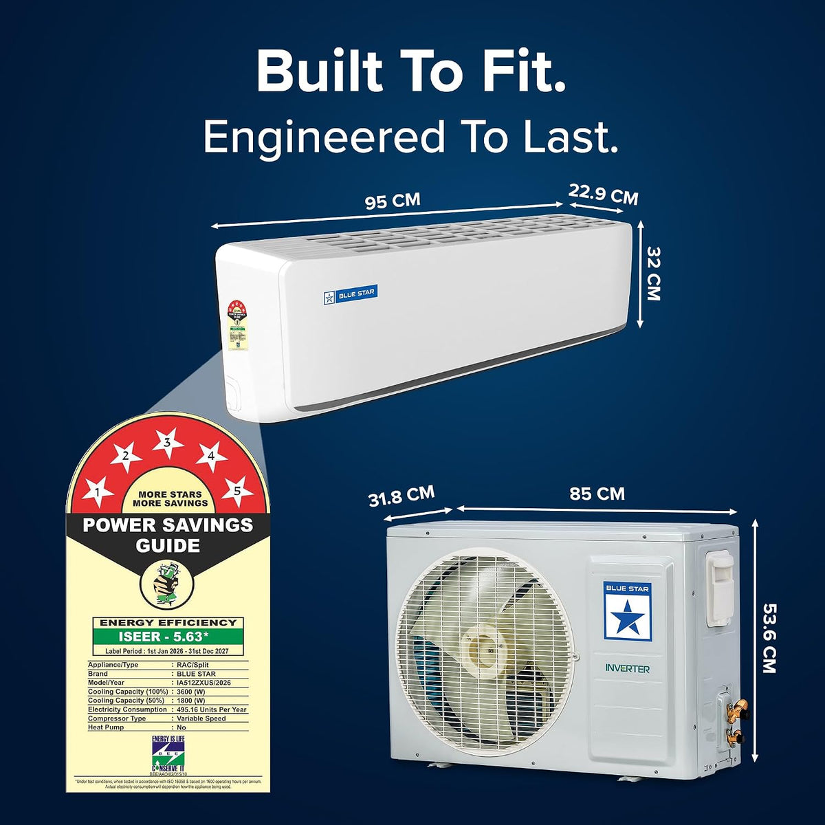 Blue Star 1 Ton 5 Star,New Star rated,Smart Inverter Split AC (Copper, Convertible 5 in 1 Cooling, DigiQ Hepta Sensor, Blue Fins, Self Diagnosis, IA512ZXUS, White)