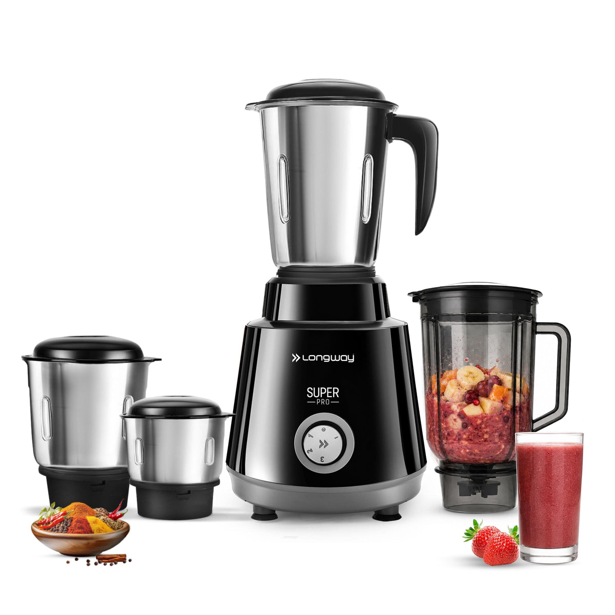 Longway Super Pro Juicer Mixer Grinder | Up to 750W Max Output Powerful Motor | 4 Jars for Grinding, Mixing, Juicing | 2 Years Warranty (Blue & Black)