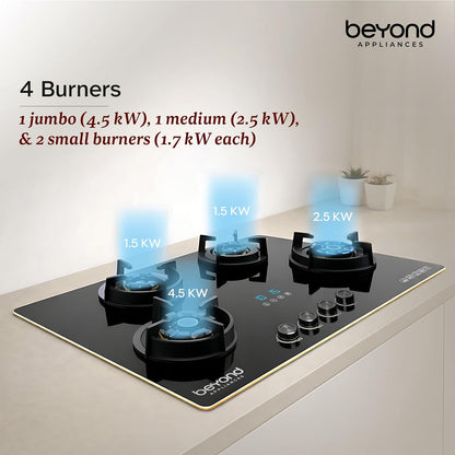 Beyond Appliances Altair 4 Burner Smart Glass Hobtop Gas Stove | Auto Ignition | Digital Timer | Flame Failure Device | Jumbo Burner | Toughened Glass | LPG & PNG Compatible