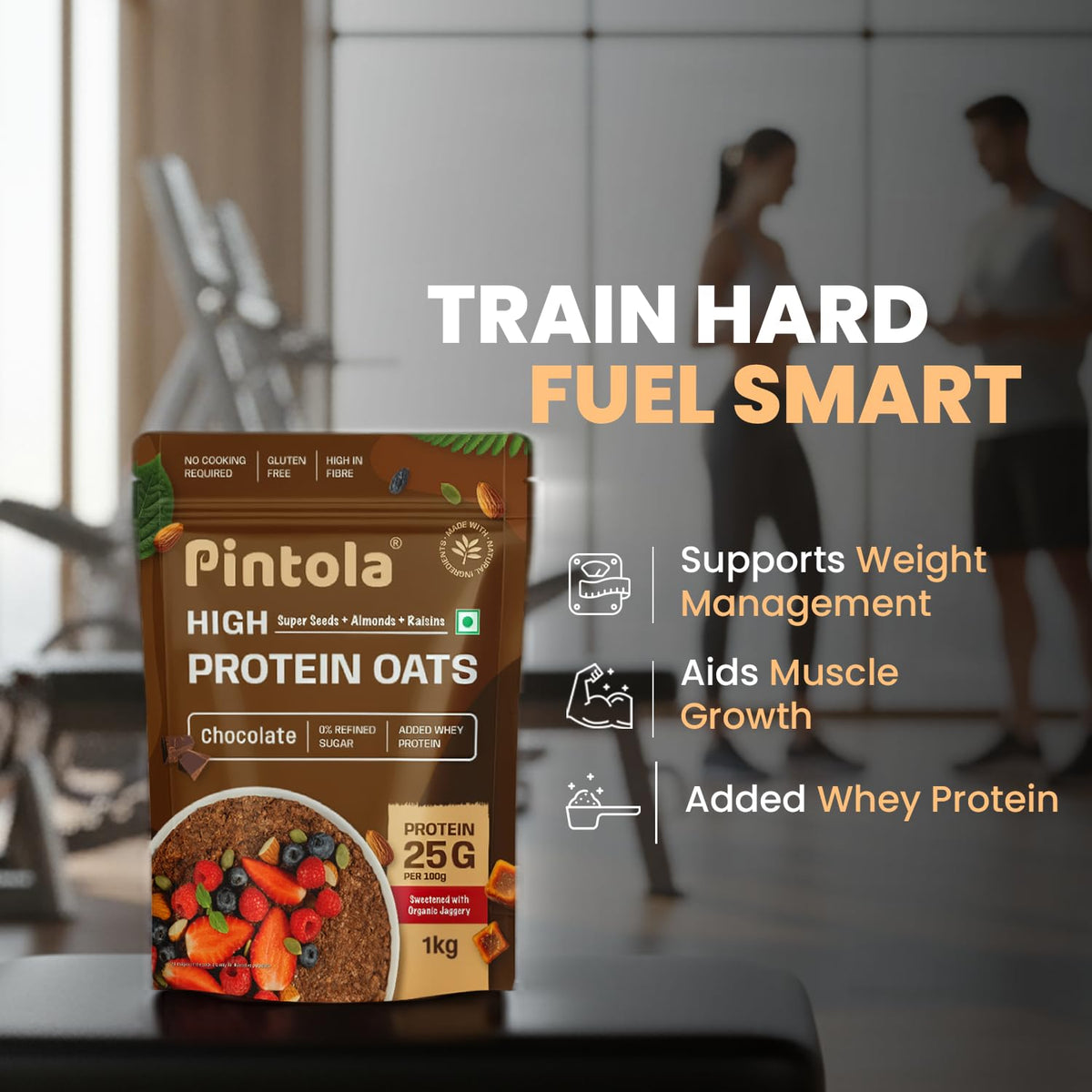 Pintola 26g High Protein Dark Chocolate Oats 1kg, No Refined Sugar, with Almonds, Raisins, Pumpkin & Chia Seeds, 9.6g Fibre, Rolled Oats for Weight management, Breakfast Cereals