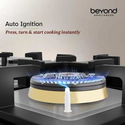 Beyond Appliances Altair 4 Burner Smart Glass Hobtop Gas Stove | Auto Ignition | Digital Timer | Flame Failure Device | Jumbo Burner | Toughened Glass | LPG & PNG Compatible