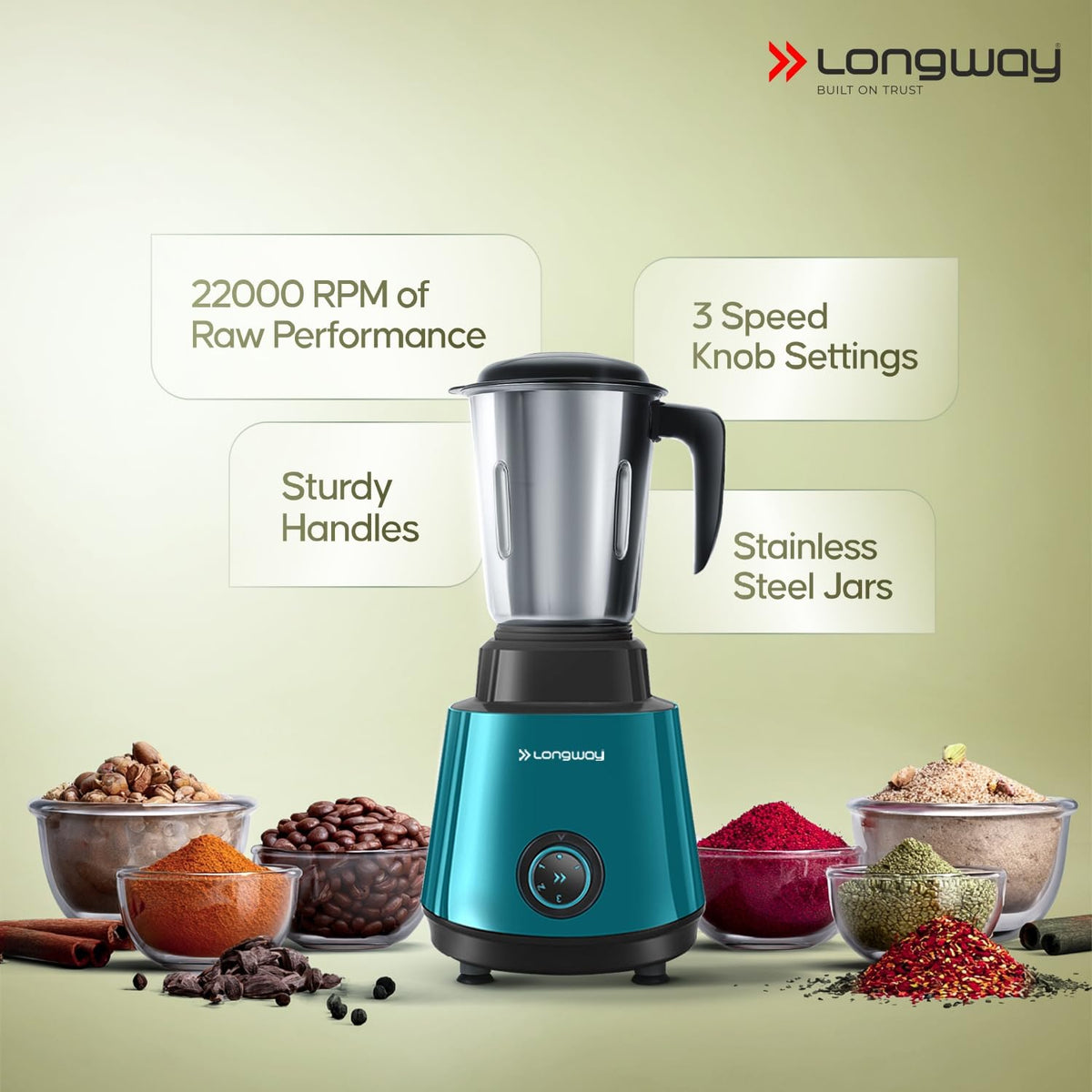Longway Super Pro Juicer Mixer Grinder | Up to 750W Max Output Powerful Motor | 4 Jars for Grinding, Mixing, Juicing | 2 Years Warranty (Blue & Black)
