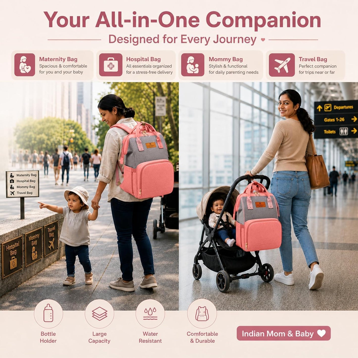 Motherly Patented Diaper Bag For Mothers For Travel, Crown Series, Pink | Backpack for Mothers | Waterproof Baby Travel & Maternity Bag | Multiple Compartments, Insulated Bottle Pockets, Warranty