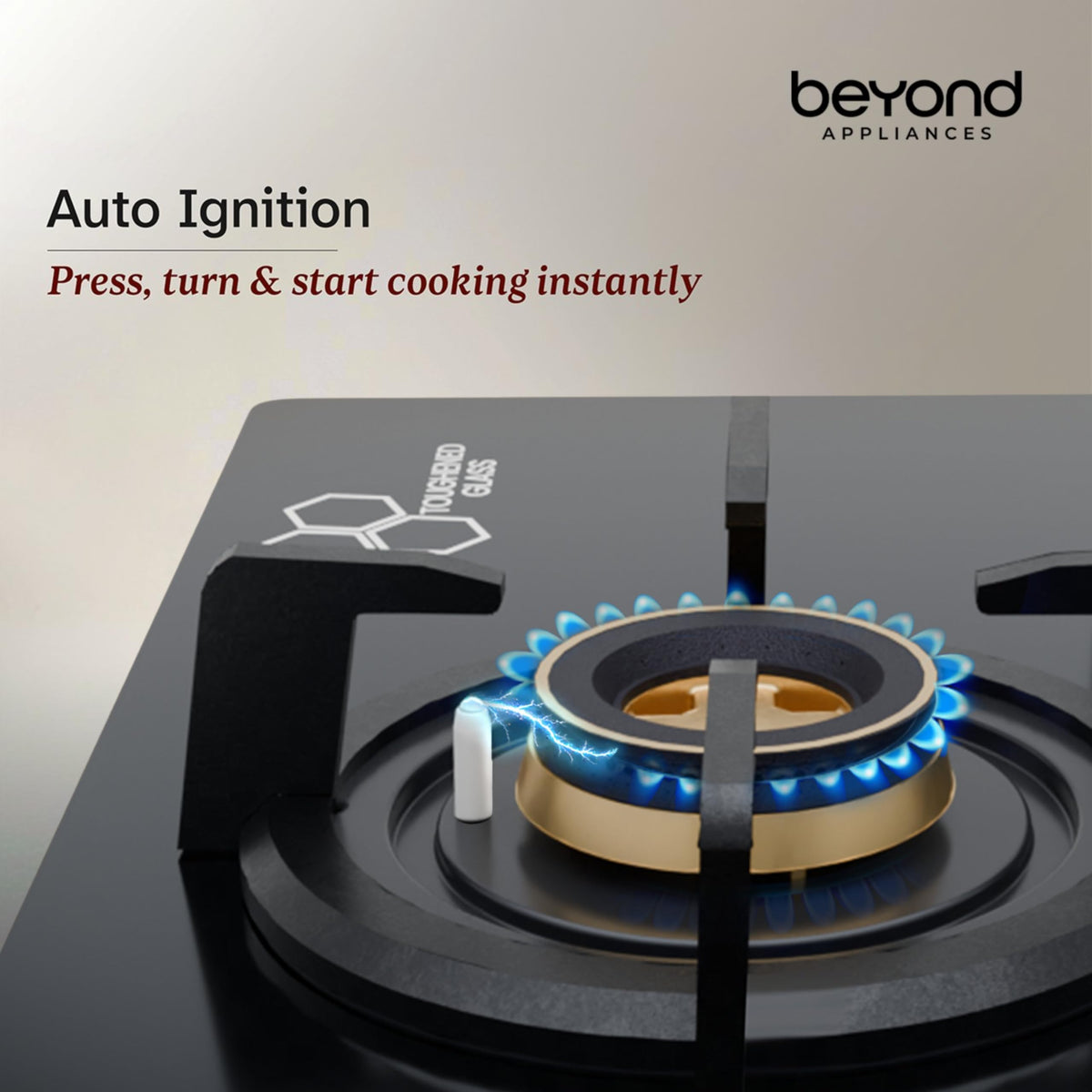 Beyond Appliances Altair 4 Burner Smart Glass Hobtop Gas Stove | Auto Ignition | Digital Timer | Flame Failure Device | Jumbo Burner | Toughened Glass | LPG & PNG Compatible