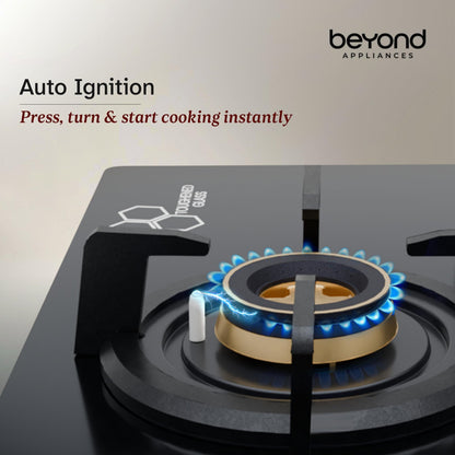Beyond Appliances Altair 4 Burner Smart Glass Hobtop Gas Stove | Auto Ignition | Digital Timer | Flame Failure Device | Jumbo Burner | Toughened Glass | LPG & PNG Compatible