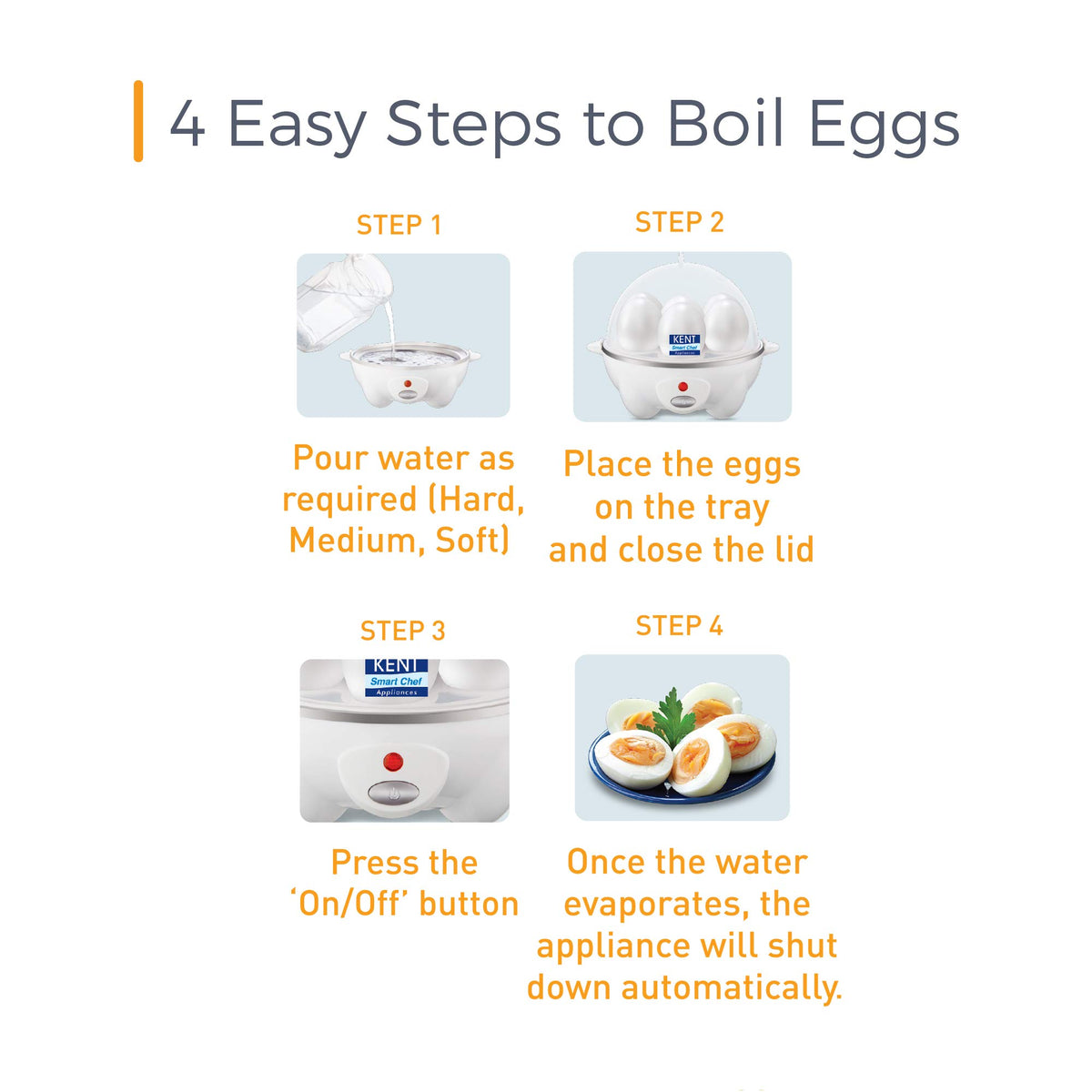 KENT Super Egg Boiler | 3 Boiling Modes | Stainless Steel Body and Heating Plate | 6 Eggs at a Time | Automatic Turn-Off | Silver