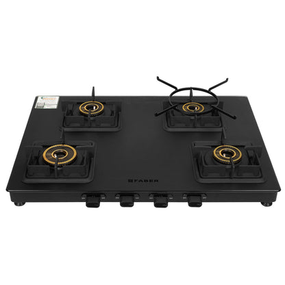 Faber Blossom Black Matt Glass Finish Cooktop| 4 Brass Burners-1Jumbo, 2Medium & 1Small |Manual Ignition | Heavy Pan Support With ABS Knobs | 5Yr Warranty on Glass & Burners by Faber| Blossom4BB BK CI