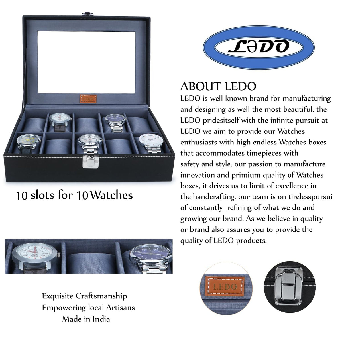 LEDO Men's and Women's Watch Box Holder Organizer Case In 12 Slots of watches In PU Leather with Black & Gray