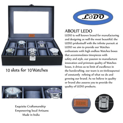 LEDO Men's and Women's Watch Box Holder Organizer Case In 12 Slots of watches In PU Leather with Black & Gray