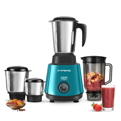 Longway Super Pro Juicer Mixer Grinder | Up to 750W Max Output Powerful Motor | 4 Jars for Grinding, Mixing, Juicing | 2 Years Warranty (Blue & Black)
