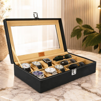 LEDO Men's and Women's Watch Box Holder Organizer Case In 12 Slots of watches In PU Leather with Black & Gray
