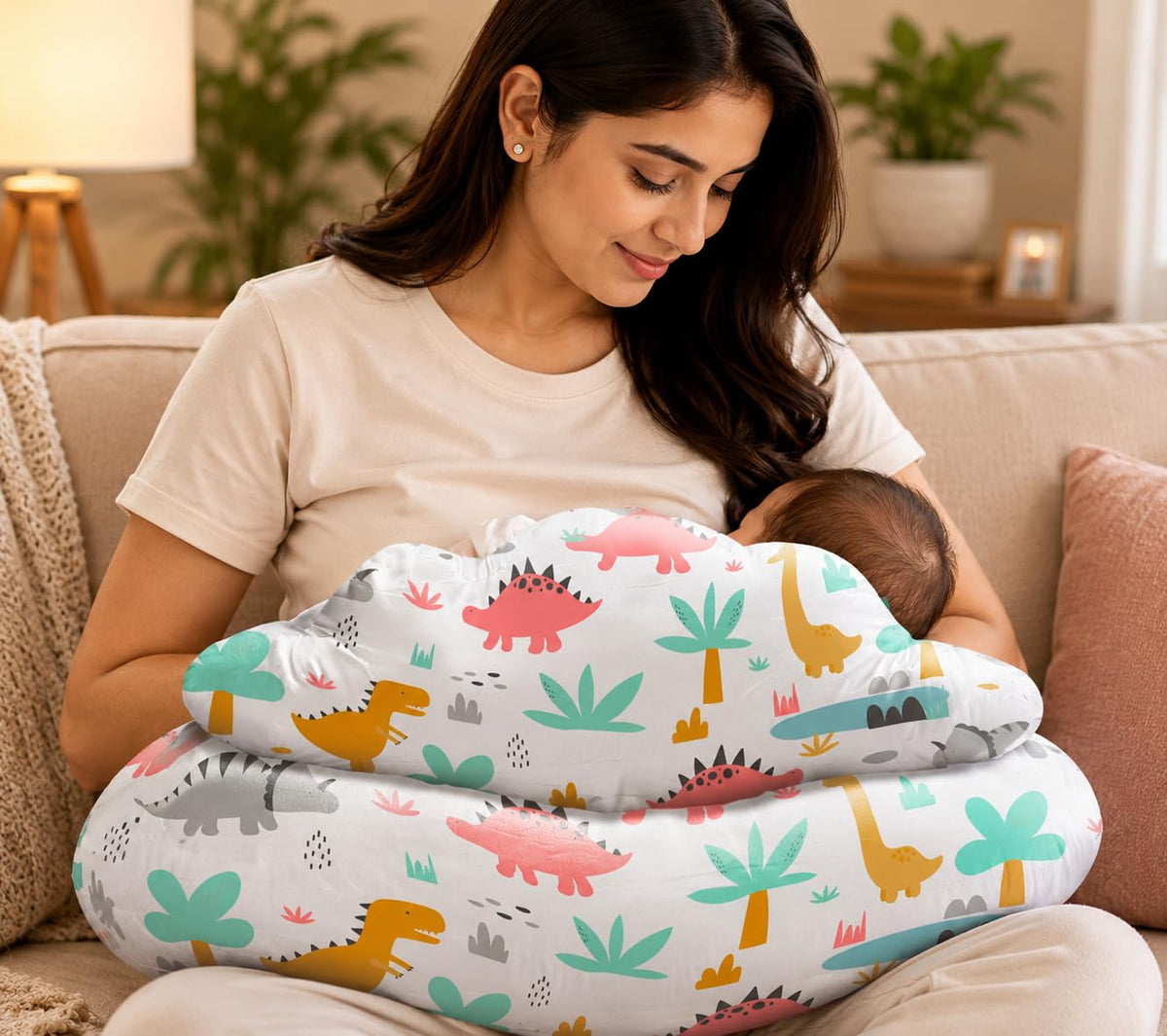 Proliva Feeding Pillow for New Born Baby with Detachable Cover Breast Feeding & Maternity Nursing Pillow for Breastfeeding Support for Baby Feeding Pillow for Mom (Off White-Camel-B2)