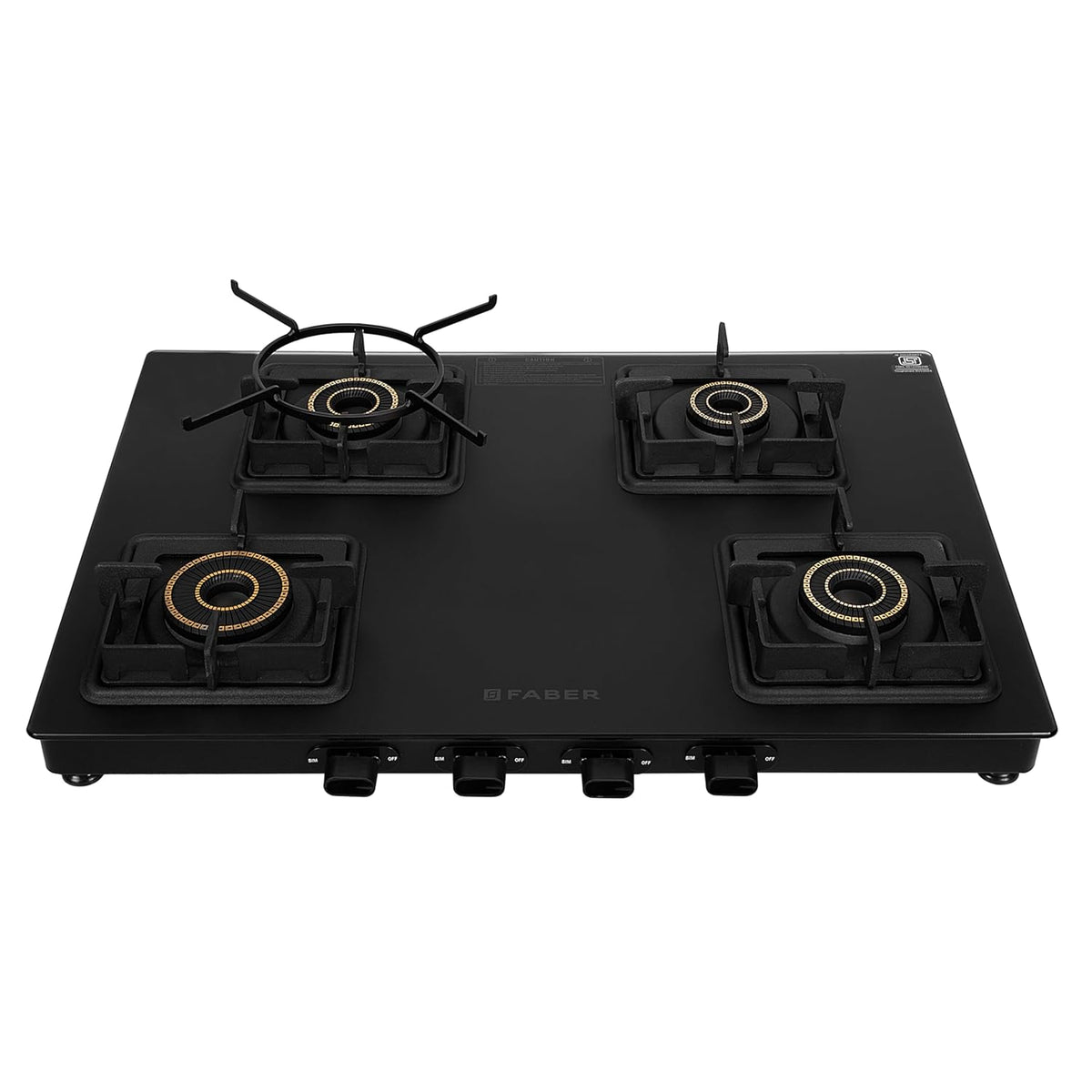 Faber Blossom Black Matt Glass Finish Cooktop| 4 Brass Burners-1Jumbo, 2Medium & 1Small |Manual Ignition | Heavy Pan Support With ABS Knobs | 5Yr Warranty on Glass & Burners by Faber| Blossom4BB BK CI