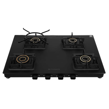 Faber Blossom Black Matt Glass Finish Cooktop| 4 Brass Burners-1Jumbo, 2Medium & 1Small |Manual Ignition | Heavy Pan Support With ABS Knobs | 5Yr Warranty on Glass & Burners by Faber| Blossom4BB BK CI