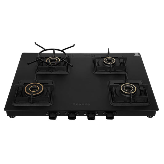 Faber Blossom Black Matt Glass Finish Cooktop| 4 Brass Burners-1Jumbo, 2Medium & 1Small |Manual Ignition | Heavy Pan Support With ABS Knobs | 5Yr Warranty on Glass & Burners by Faber| Blossom4BB BK CI